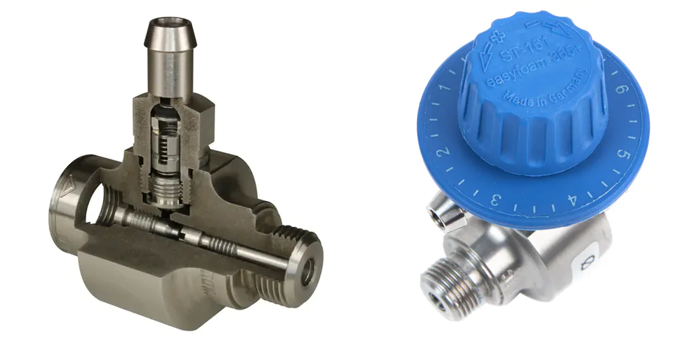 Cutaway view of foaming injector and adjustable blue-dial injector.