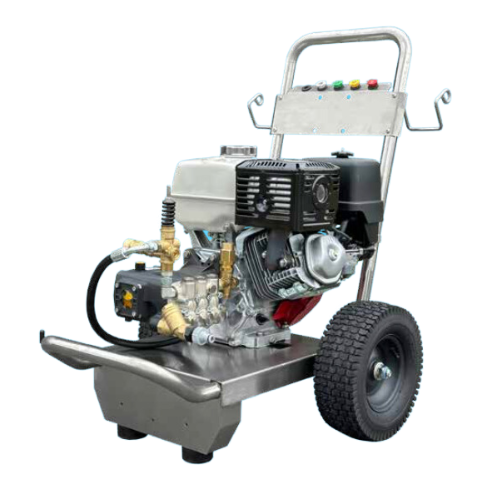 Operator using a pressure washer to foam-clean a car.