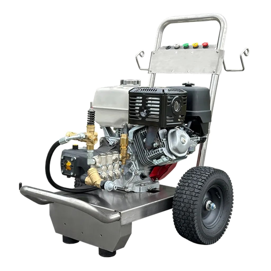 Heavy-duty petrol pressure washer with stainless steel frame.