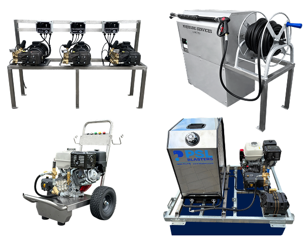 Range of PSL Blasters pressure washing equipment, including fixed, mobile, and multi-pump systems.