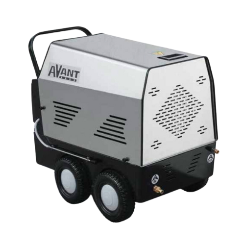 Avant mobile hot water pressure washer on heavy-duty wheels.