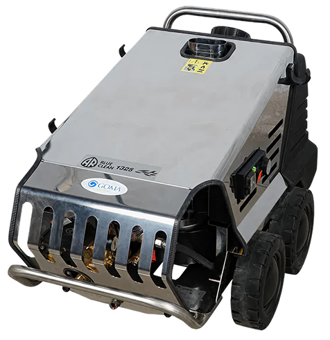Commercial hot water pressure washer with stainless steel housing.