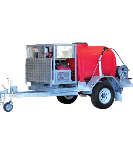 Trailer-mounted pressure washer system with water tank.