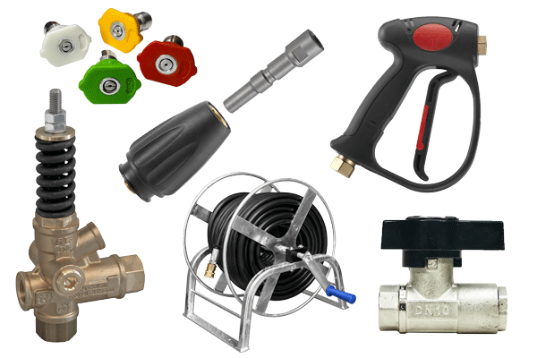 Pressure washer nozzles, gun, and hose reel.